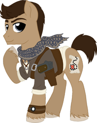 Size: 600x761 | Tagged: safe, artist:tambelon, cutie mark, gun, map, nathan drake, necklace, ponified, ring, scarf, solo, uncharted, vector, watch, weapon