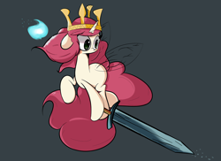 Size: 1280x931 | Tagged: safe, artist:turtlefarminguy, aurora (child of light), child of light, crown, igniculus, ponified, solo, sword