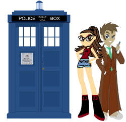 Size: 731x704 | Tagged: safe, derpibooru import, doctor whooves, oc, human, equestria girls, brown hair, clothes, female, glasses, hands on hip, humanized, male, raised eyebrow, shoes, simple background, smiling, sonic screwdriver, tardis, text, trenchcoat, white background