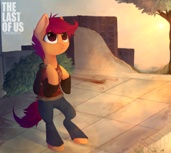 Size: 1900x1700 | Tagged: safe, artist:pfjerk, scootaloo, pony, backpack, belt, bipedal, clothes, pants, parody, solo, sun, the last of us, tree