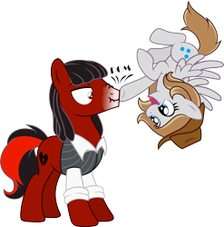 Size: 2590x2625 | Tagged: safe, artist:daydreamsyndrom, oc, oc only, oc:florid, earth pony, pegasus, pony, boop, duo, flying, freckles, nose wrinkle, open mouth, red and black oc, scrunchy face, smiling, spread wings, upside down, wide eyes