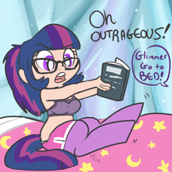 Size: 500x500 | Tagged: safe, artist:mt, oc, oc only, oc:glimmer, satyr, bed, book, dialogue, glasses, offspring, parent:twilight sparkle, solo