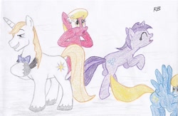 Size: 1383x899 | Tagged: safe, artist:ricebrony, amethyst star, lily, lily valley, prince blueblood, sassaflash, sparkler, traditional art