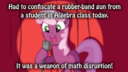 Size: 800x450 | Tagged: safe, cheerilee, earth pony, pony, algebra, cheerilee pun, curtain, exploitable meme, female, green eyes, mare, math, meme, microphone, open mouth, pun, smiling, solo, spotlight, text, two toned mane, two toned tail