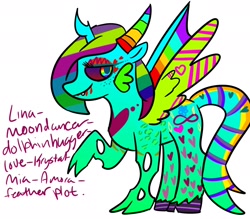 Size: 1280x1120 | Tagged: safe, oc, oc only, oc:lina-moondancer-dolphinhugger-love-krystal-mia-amora-feather plot, alicorn, changeling, pony, undead, vampire, vampony, alicorn oc, cloven hooves, colored wings, cutie pox, donut steel, freckles, garish, gills, horns, joke oc, multicolored wings, rainbow eyes, rainbow hair, rainbow wings, simple background, solo, stripes, white background