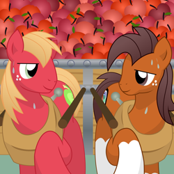 Size: 10800x10800 | Tagged: safe, artist:prinnyaniki, big macintosh, oc, oc:niku, earth pony, pony, absurd resolution, apple, apple cart, duo, male, niku, pulling, socks (coat marking), stallion, sweat, working