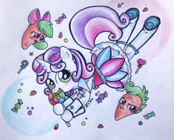 Size: 900x728 | Tagged: safe, artist:oriwhitedeer, apple bloom, scootaloo, sweetie belle, semi-anthro, candy candy, crossover, cutie mark crusaders, gumi, kyary pamyu pamyu, traditional art, vocaloid