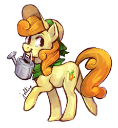 Size: 880x955 | Tagged: safe, artist:johling, carrot top, golden harvest, earth pony, pony, bandana, gardening, hat, mouth hold, simple background, solo, sun hat, transparent background, watering can