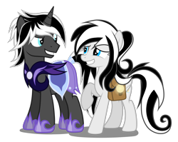 Size: 3400x2700 | Tagged: safe, artist:junkiesnewb, oc, oc only, oc:meridiem solare, oc:nox arcana, pegasus, pony, unicorn, female, guard, male, saddle bag