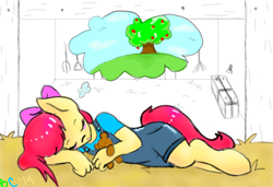 Size: 548x375 | Tagged: safe, artist:bunnycat, apple bloom, anthro, unguligrade anthro, clothes, dream, female, filly, on side, overalls, sleeping, solo, teddy bear, young