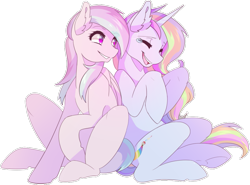 Size: 933x689 | Tagged: safe, artist:raponee, oc, oc only, oc:pastel flakes, oc:pastel sky, pegasus, pony, unicorn, back to back, duo, duo female, ear fluff, eyes closed, female, mare, open mouth, simple background, sitting, smiling, teary eyes, transparent background, white outline