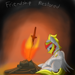 Size: 2600x2600 | Tagged: safe, artist:flashiest lightning, oc, oc only, pegasus, pony, armor, bonfire, dark souls, fantasy class, game, knight, solo, sword, warrior