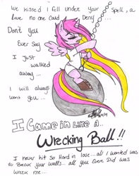 Size: 2530x3204 | Tagged: safe, artist:monsterbunnii, oc, oc only, alicorn, pony, alicorn oc, miley cyrus, solo, song reference, wrecking ball