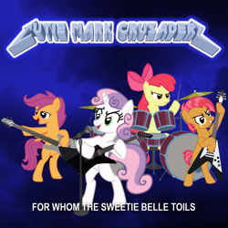 Size: 1425x1425 | Tagged: safe, artist:1992zepeda, apple bloom, babs seed, scootaloo, sweetie belle, cutie mark crusaders, drums, guitar, metallica, microphone, parody, scootabass