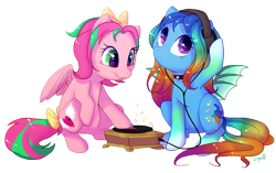 Size: 1112x697 | Tagged: safe, artist:c-puff, oc, oc only, oc:precious metal, oc:sweet paradise, headphones, turntable