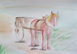 Size: 1024x723 | Tagged: safe, artist:fairydraft, big macintosh, earth pony, horse, pony, cart, hoers, male, realistic, solo, stallion, traditional art, unshorn fetlocks