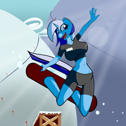 Size: 1920x1920 | Tagged: safe, artist:jade meteor, minuette, anthro, unguligrade anthro, bad anatomy, snowboard, snowboarding