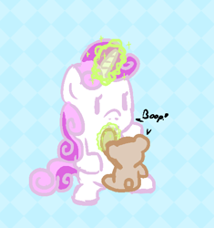 Size: 502x533 | Tagged: safe, artist:tanmansmantan, sweetie belle, boop, magic, plushie, sitting, solo, teddy bear, telekinesis