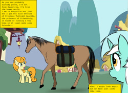 Size: 1650x1200 | Tagged: safe, artist:d-lowell, carrot top, golden harvest, lyra heartstrings, horse, comic:it's not my fault i'm a horse, angel densetsu, comic, horse-pony interaction, parody