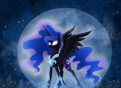 Size: 1024x750 | Tagged: safe, artist:derpsonhooves, nightmare moon, alicorn, pony, glowing eyes, moong, smiling, smirk, solo, spread wings, standing