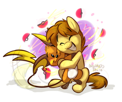 Size: 600x503 | Tagged: safe, artist:thedoggygal, oc, oc:mandopony, crossover, hug, pokémon, raichu