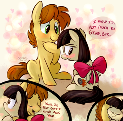 Size: 600x591 | Tagged: safe, artist:thedoggygal, wild fire, oc, oc:mandopony, adorkable, blushing, bow, cute, daaaaaaaaaaaw, dialogue, dork, eyes closed, female, frown, heart, heartwarming, hnnng, hug, male, mandofire, open mouth, shipping, sitting, smiling, straight, wide eyes