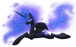 Size: 1280x804 | Tagged: safe, artist:inkdemoncuddles, nightmare moon, missing accessory, prone, smiling, solo, spread wings