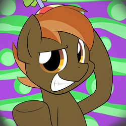 Size: 800x800 | Tagged: safe, artist:yoshimaru, button mash, earth pony, pony, abstract background, colt, foal, hat, hooves, male, propeller hat, solo, teeth