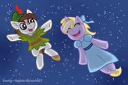 Size: 1000x667 | Tagged: safe, artist:sandy--apples, dinky hooves, pipsqueak, dinkysqueak, flying, peter pan