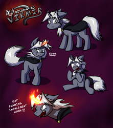 Size: 3500x3966 | Tagged: safe, artist:virmir, oc, oc only, oc:virmare, oc:virmir, annoyed, cape, clothes, dialogue, disgruntled, fire, floppy ears, grin, grumpy, open mouth, ponified, smiling, solo, soon, species swap, yelling