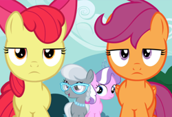 Size: 768x522 | Tagged: safe, screencap, apple bloom, diamond tiara, scootaloo, silver spoon, twilight time, cutie mark crusaders, exploitable