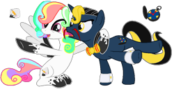 Size: 802x414 | Tagged: safe, artist:roselladoll1, earth pony, pegasus, pony, bowtie, cutie mark, don't hug me i'm scared, notepad (dhmis), ponified, simple background, tony the talking clock, transparent background