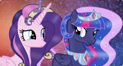 Size: 1024x550 | Tagged: safe, artist:nightmarelunafan, oc, oc only, oc:princess love flame, oc:princess sparkling night, ethereal mane, heart eyes, magical lesbian spawn, offspring, parent:princess cadance, parent:princess luna, parent:twilight sparkle, parents:twidance, parents:twiluna, wingding eyes