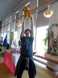 Size: 3456x4608 | Tagged: safe, artist:juu50x, babs seed, human, pony, 2014, crystal fair con, finland, finlandia hall, helsinki, holding a pony, holding up, irl, irl human, photo, plushie, reference, the legend of zelda