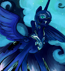 Size: 840x910 | Tagged: safe, artist:mirululu, nightmare moon, alicorn, black coat, female, horn, mare, simple background, solo