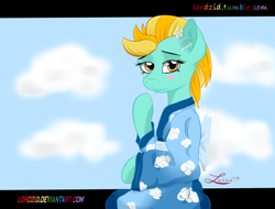 Size: 2500x1900 | Tagged: safe, artist:lordzid, lightning dust, blushing, cloud, cloudy, kimono (clothing), solo