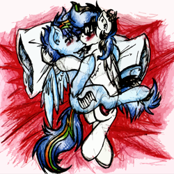 Size: 1320x1319 | Tagged: safe, artist:iroxykun, oc, oc only, oc:frozen soul, oc:secret chord, pegasus, pony, bed, cutie mark, eyes closed, gay, kissing, male, pillow, stallion, traditional art, wings