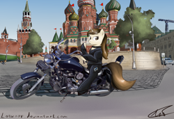 Size: 4376x3000 | Tagged: safe, artist:apocheck13, oc, oc only, pony, clothes, collar, female, jacket, mare, moscow, motorcycle, red square, russia, signature