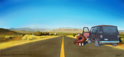 Size: 6491x3000 | Tagged: safe, artist:apocheck13, oc, oc only, clothes, glasses, highway, mountain, scenery, van