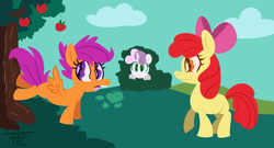 Size: 1300x700 | Tagged: safe, artist:php92, apple bloom, scootaloo, sweetie belle, apple, bucking, cutie mark crusaders, tree