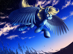 Size: 3106x2303 | Tagged: safe, artist:katputze, oc, oc only, oc:nexus, clothes, cloud, cloudy, flight suit, flying, solo, stars, water, windswept mane