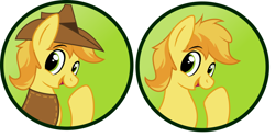 Size: 1024x511 | Tagged: safe, braeburn, earth pony, pony, button, cowboy hat, happy, male, two toned mane