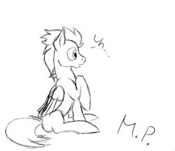 Size: 841x727 | Tagged: safe, artist:kellythedrawinguni, soarin', monochrome, sitting, sketch, solo