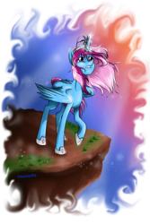 Size: 1000x1500 | Tagged: safe, artist:skyrore1999, oc, oc only, oc:parcly taxel, alicorn, pony, alicorn oc, aurora borealis, cliff, crown, frown, gritted teeth, looking up, magic, princess, raised hoof, request, solo, sparkles, spread wings, sunset, tiara, windswept mane