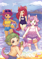 Size: 890x1258 | Tagged: safe, artist:b-tobio, apple bloom, scootaloo, spike, sweetie belle, human, beach, belly button, bikini, clothes, colored pupils, colored skin, cute, cutie mark crusaders, eared humanization, horned humanization, humanized, midriff, one-piece swimsuit, school swimsuit, swimsuit, tailed humanization, tan lines, winged humanization, wings