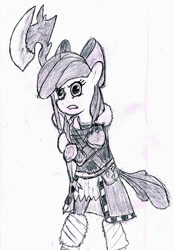 Size: 713x1024 | Tagged: safe, artist:derpsickle, apple bloom, armor, axe, final fantasy, monochrome, solo, traditional art, warrior