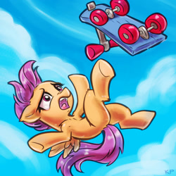 Size: 1600x1600 | Tagged: safe, artist:kp-shadowsquirrel, scootaloo, falling, scared, scooter, sky, solo