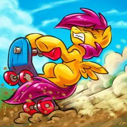 Size: 1600x1600 | Tagged: safe, artist:kp-shadowsquirrel, scootaloo, braking, dirt, eyes closed, mud, riding, scooter, solo