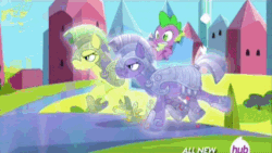 Size: 576x324 | Tagged: safe, screencap, spike, crystal pony, dragon, pony, equestria games (episode), animated, armor, chair, crystal guard, crystal guard armor, guard, hub logo, hubble, the hub