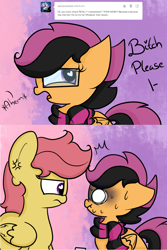 Size: 1024x1536 | Tagged: safe, scootaloo, sweetie belle, scootahipster, scootaloo's mother, vulgar